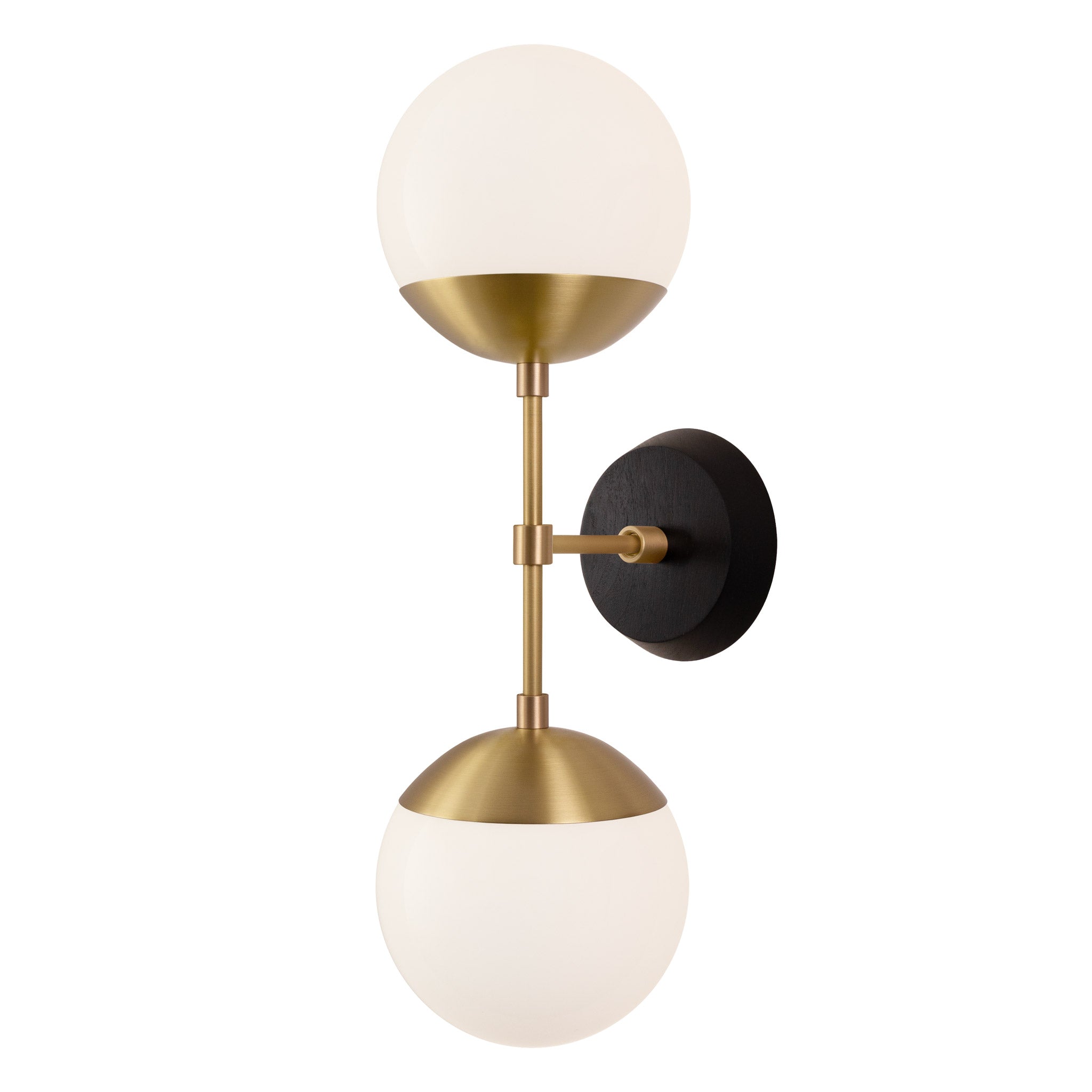 Theo shown in Heirloom Brass and a Black Stained Wood Canopy