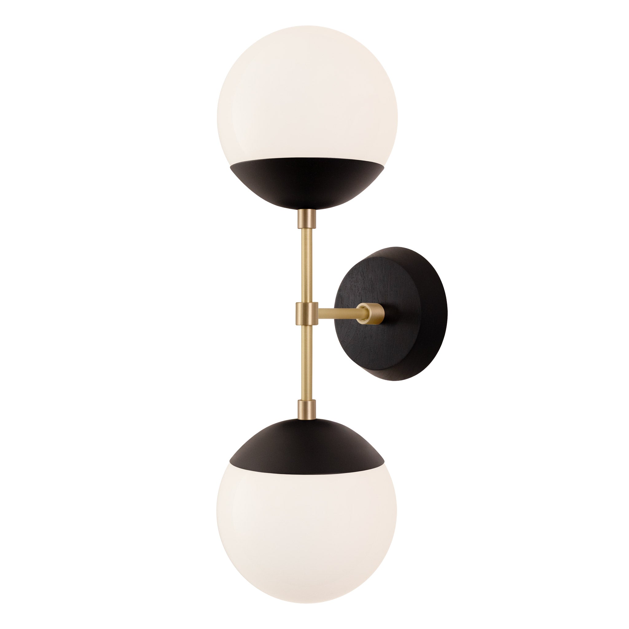 Theo shown in Matte Black with Brass and a Black Stained Wood Canopy