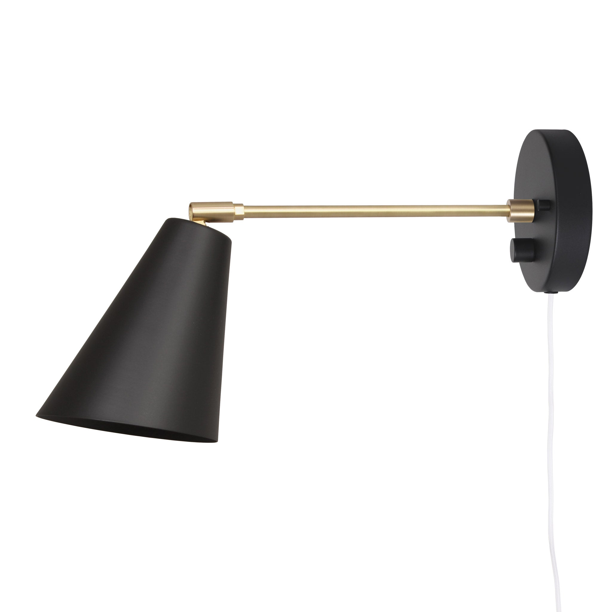 Tilt Cone shown in Matte Black and Brass with a 9" arm, Black Dimmer Switch and White Cord