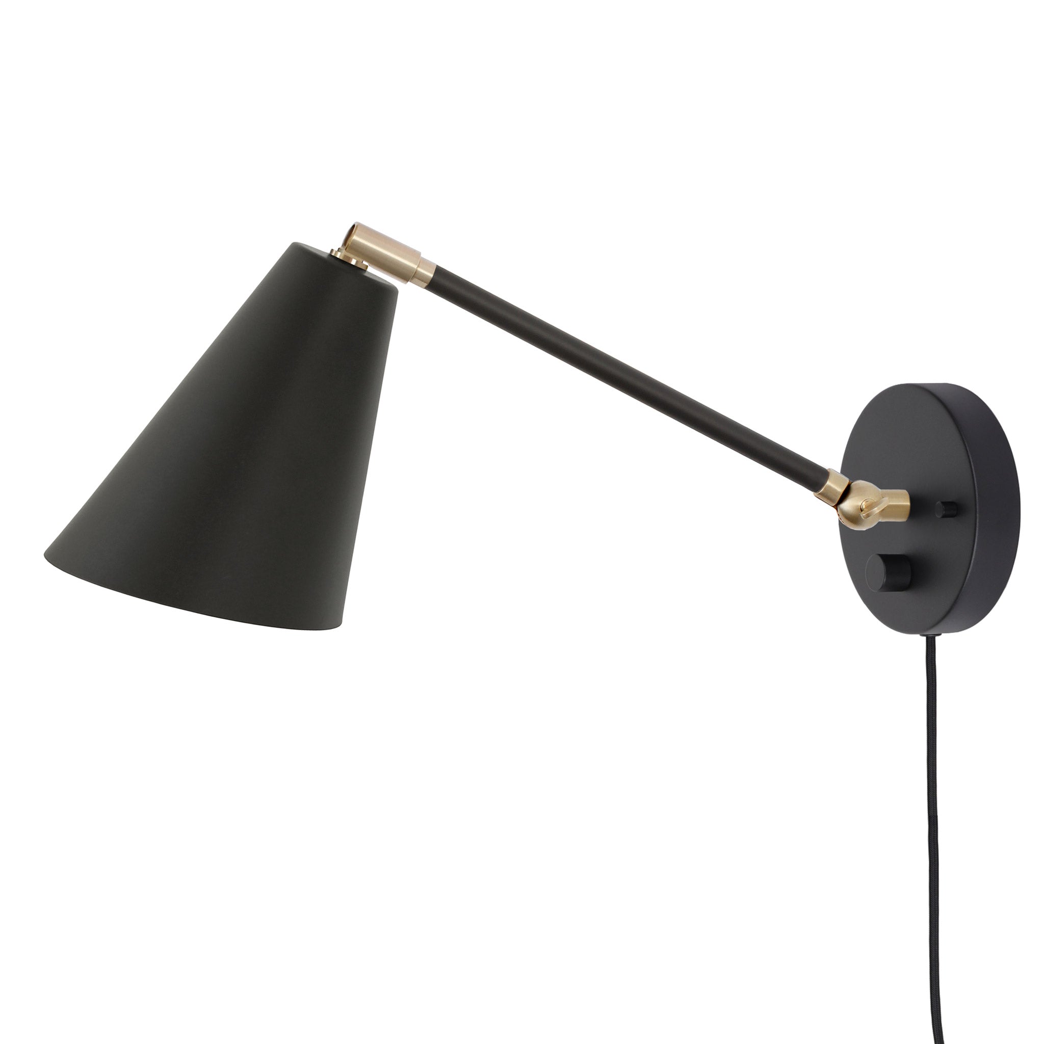 Tilt Cone Single Articulated shown in Matte Black and Brass Accents with Dimmer Switch and Black Cord