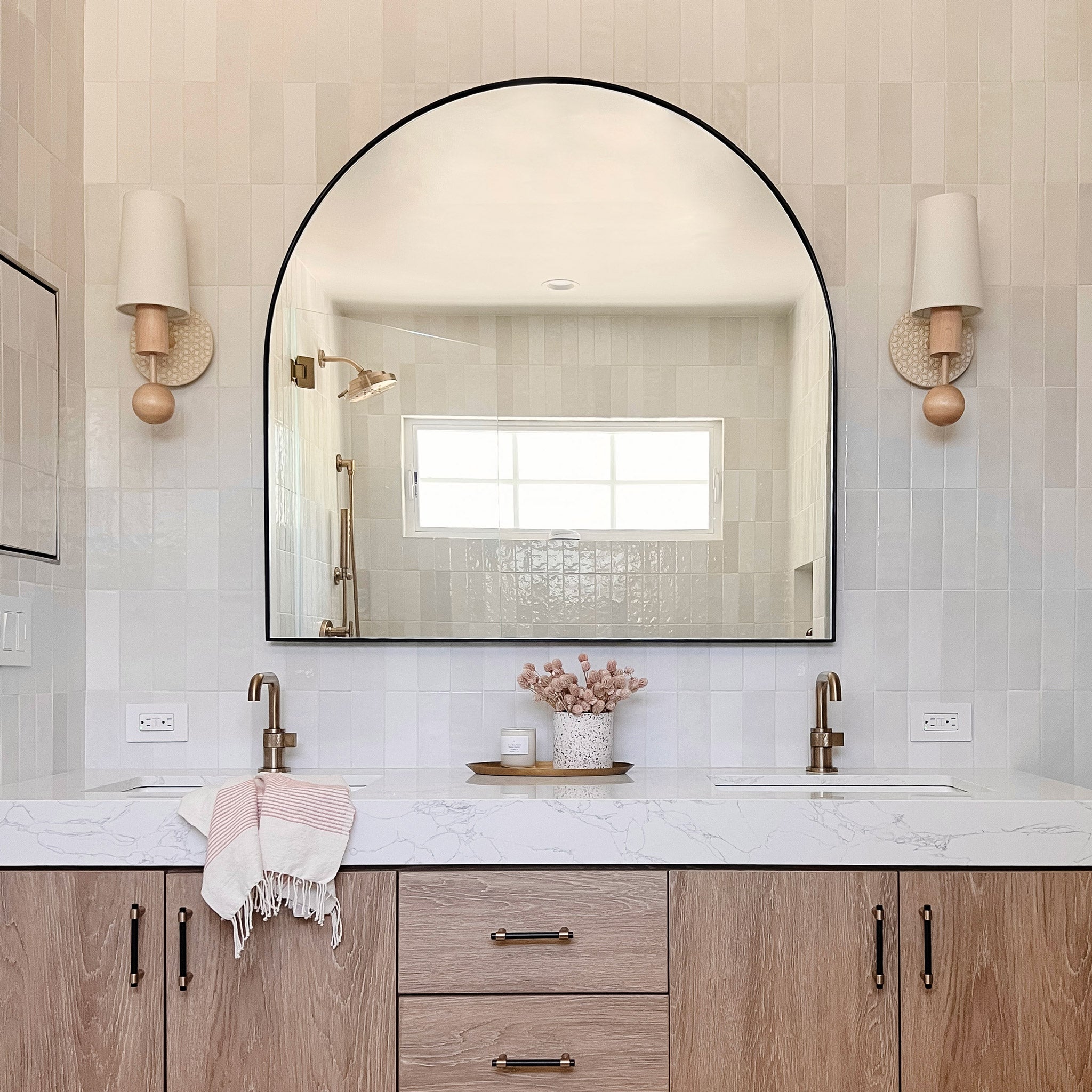 Amherst sconce shown in Maple with Natural White and Cream Quilted Ceramic. Interior Design by LHK Interiors