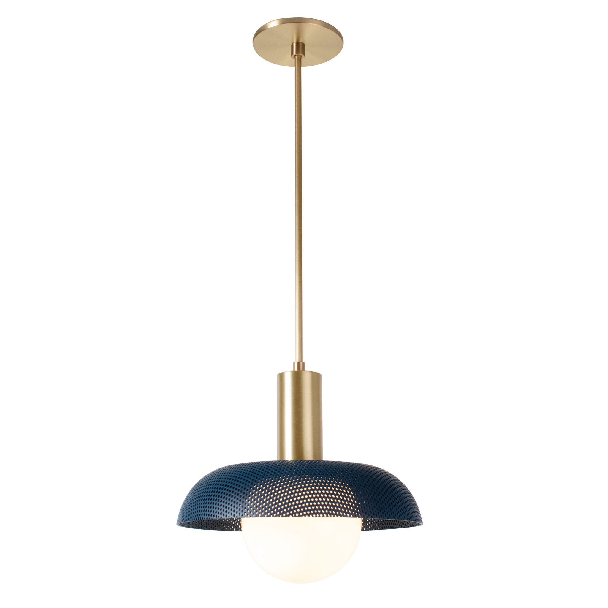Lexi Large Pendant shown with Ocean Blue Perforated Shade Finish and Brass Fixture Finish