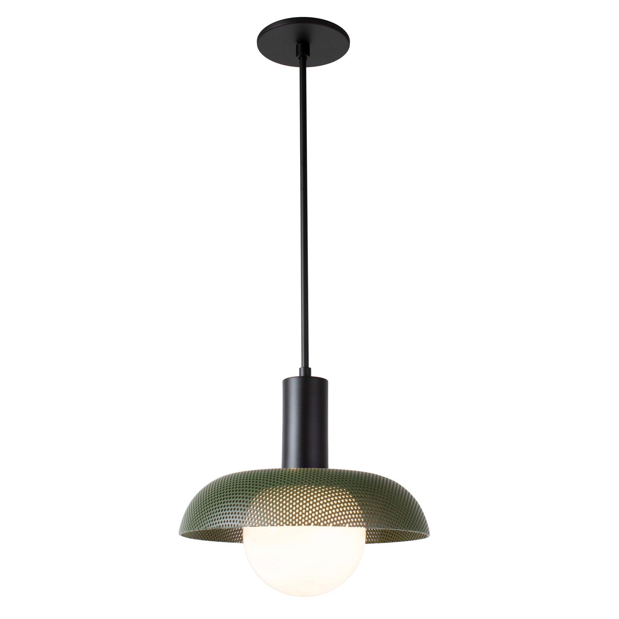 Lexi Large Pendant shown with Secret Garden Green Perforated Shade Finish and Matte Black Fixture Finish