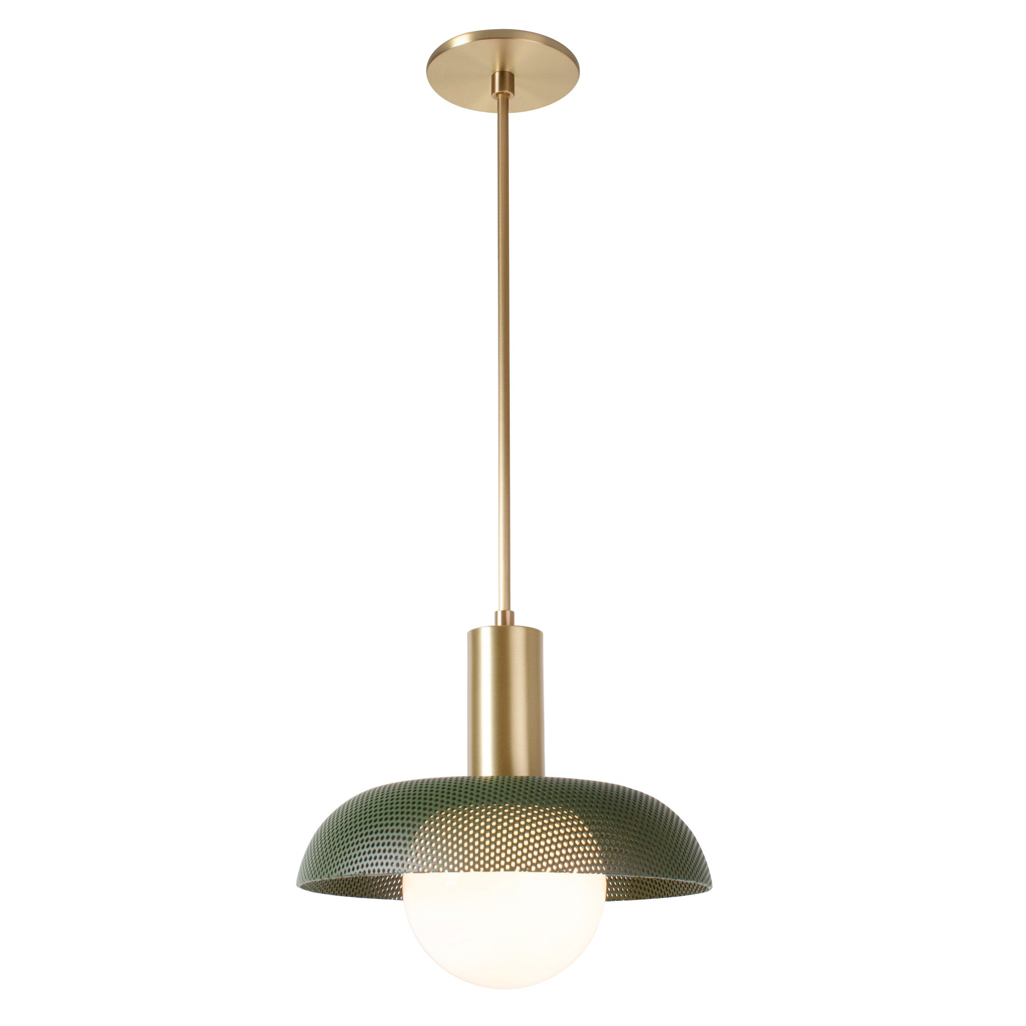 Lexi Large Pendant shown with Secret Garden Green Perforated Shade Finish and Brass Fixture Finish