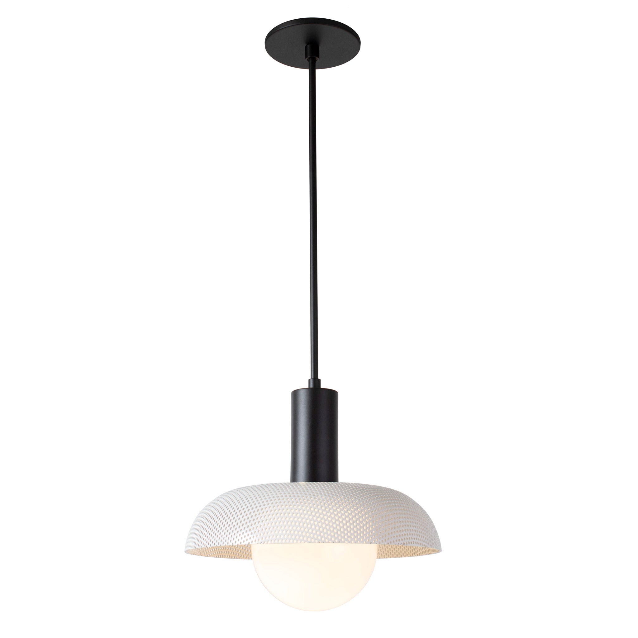 Lexi Large Pendant shown with White Perforated Shade Finish and Matte Black Fixture Finish