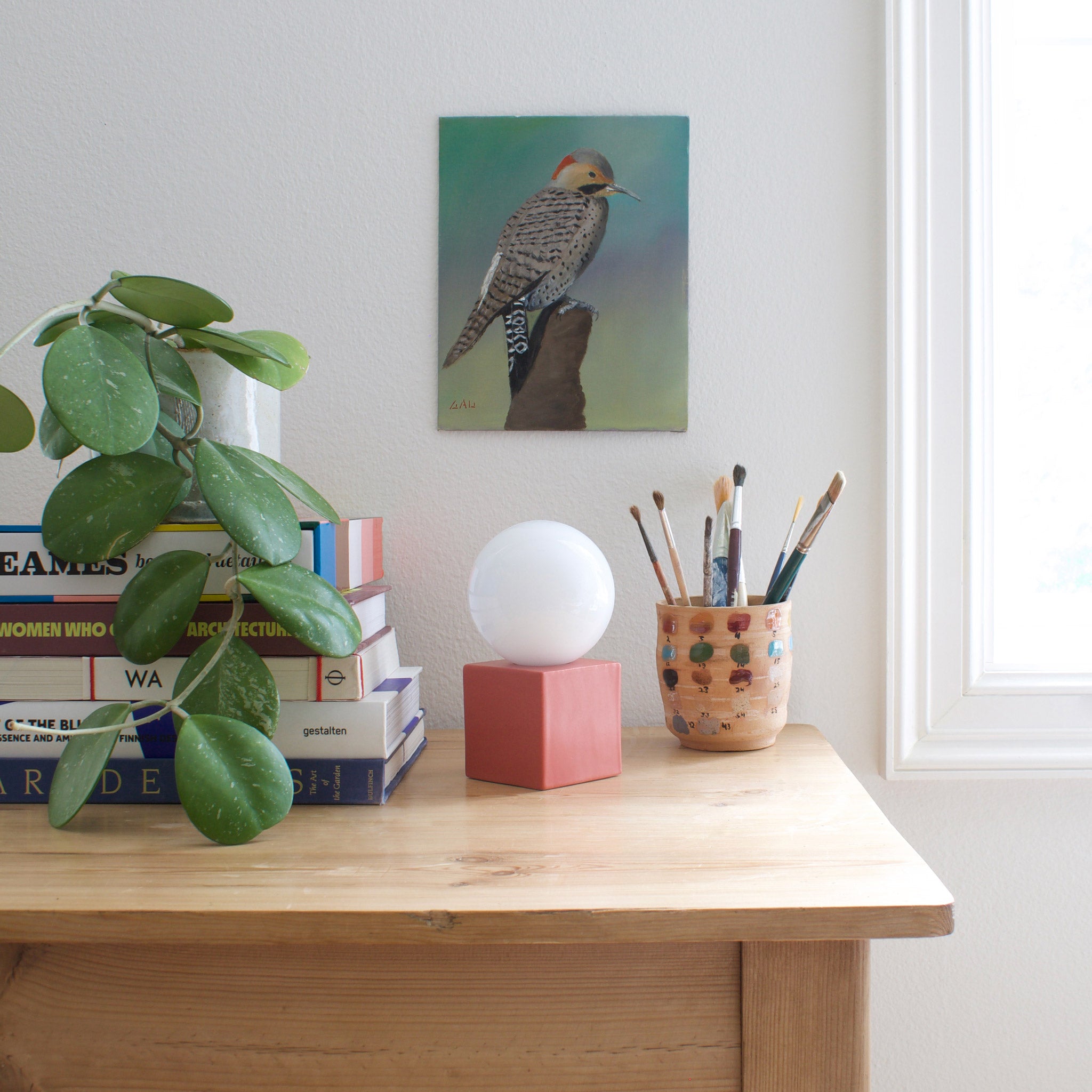 Little Meg Lamp shown in Matte Coral Rose Glaze ceramic