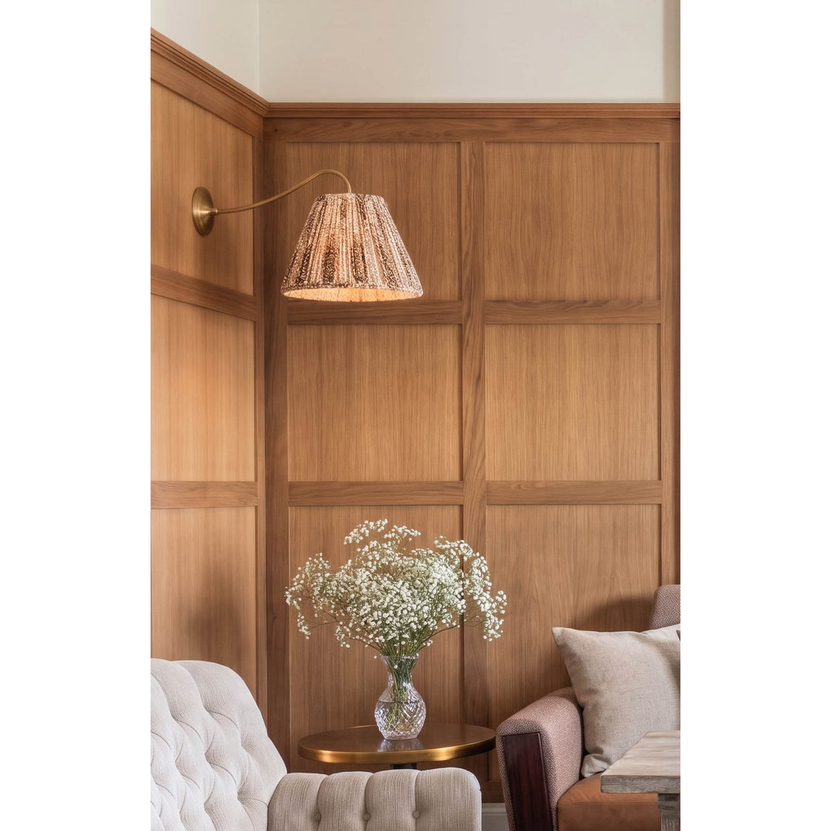 Oxford Grand Sconce shown in Heirloom Brass with a Winfleur Mustard Shade