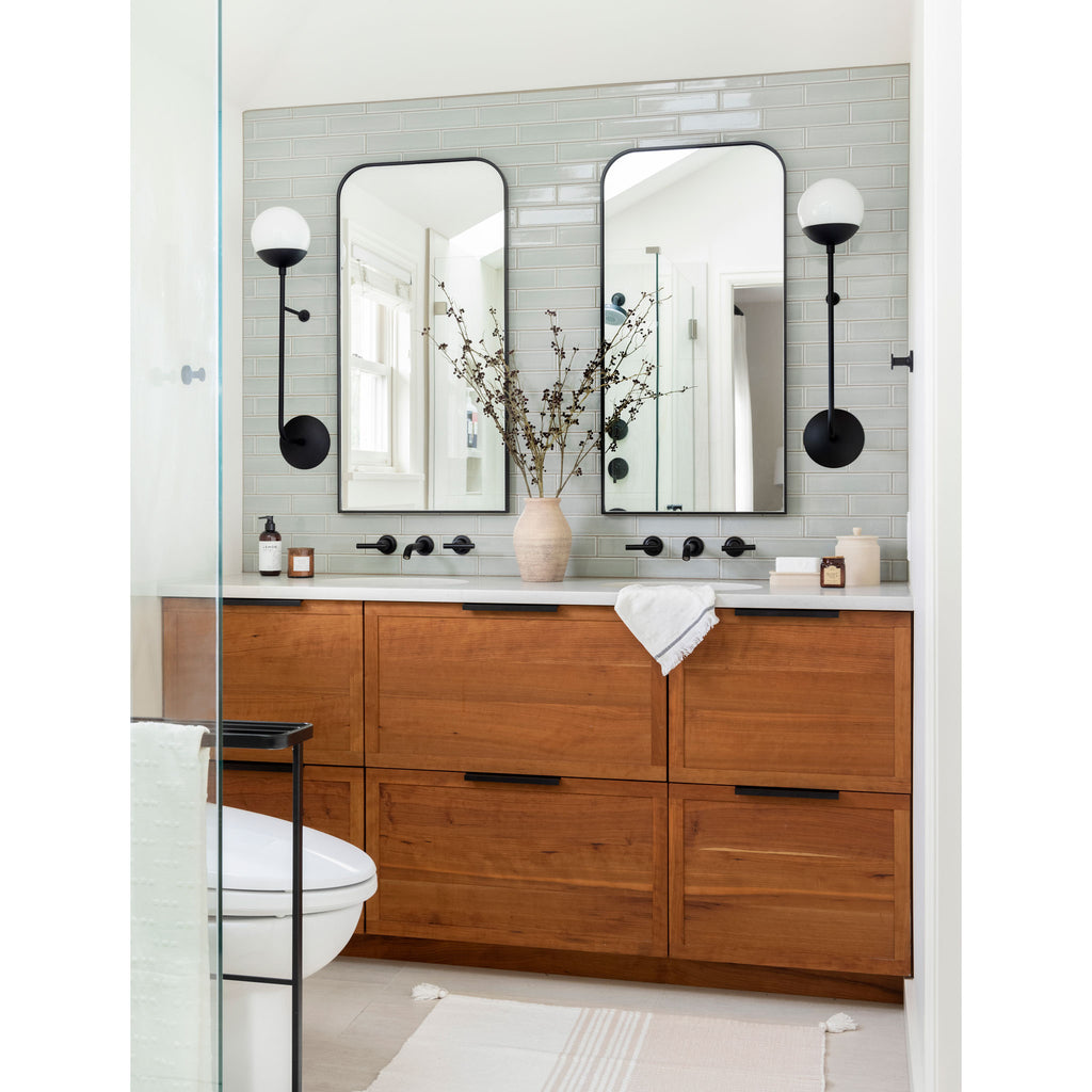 Ramona 6" shown in matte black with opal 6" globes. Interior design by Wise Design, Photo by Meagan Larsen Photography