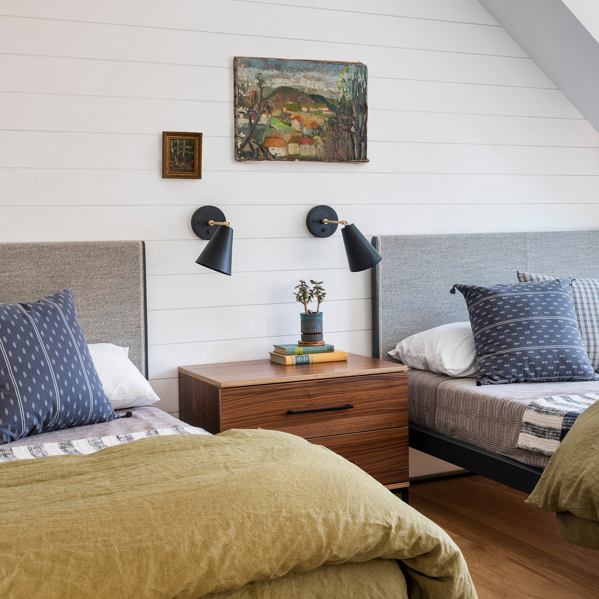 Tilt Cone in matte black with brass cccents and backplate dimmer switches. Interior Design by Thread Interiors, Photography by Nat Rea