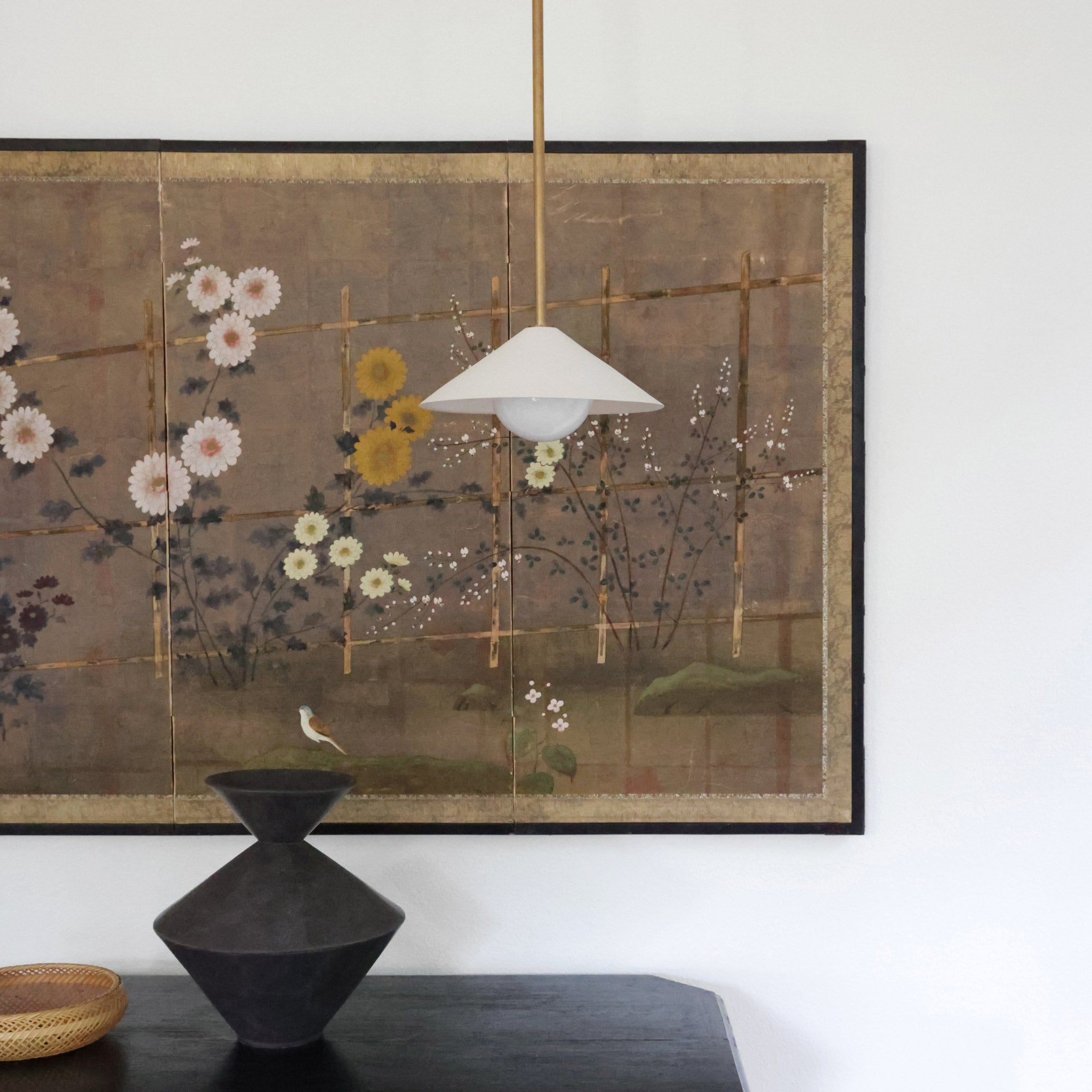 Elvia Pendant shown in Bone Ceramic and Heirloom Brass