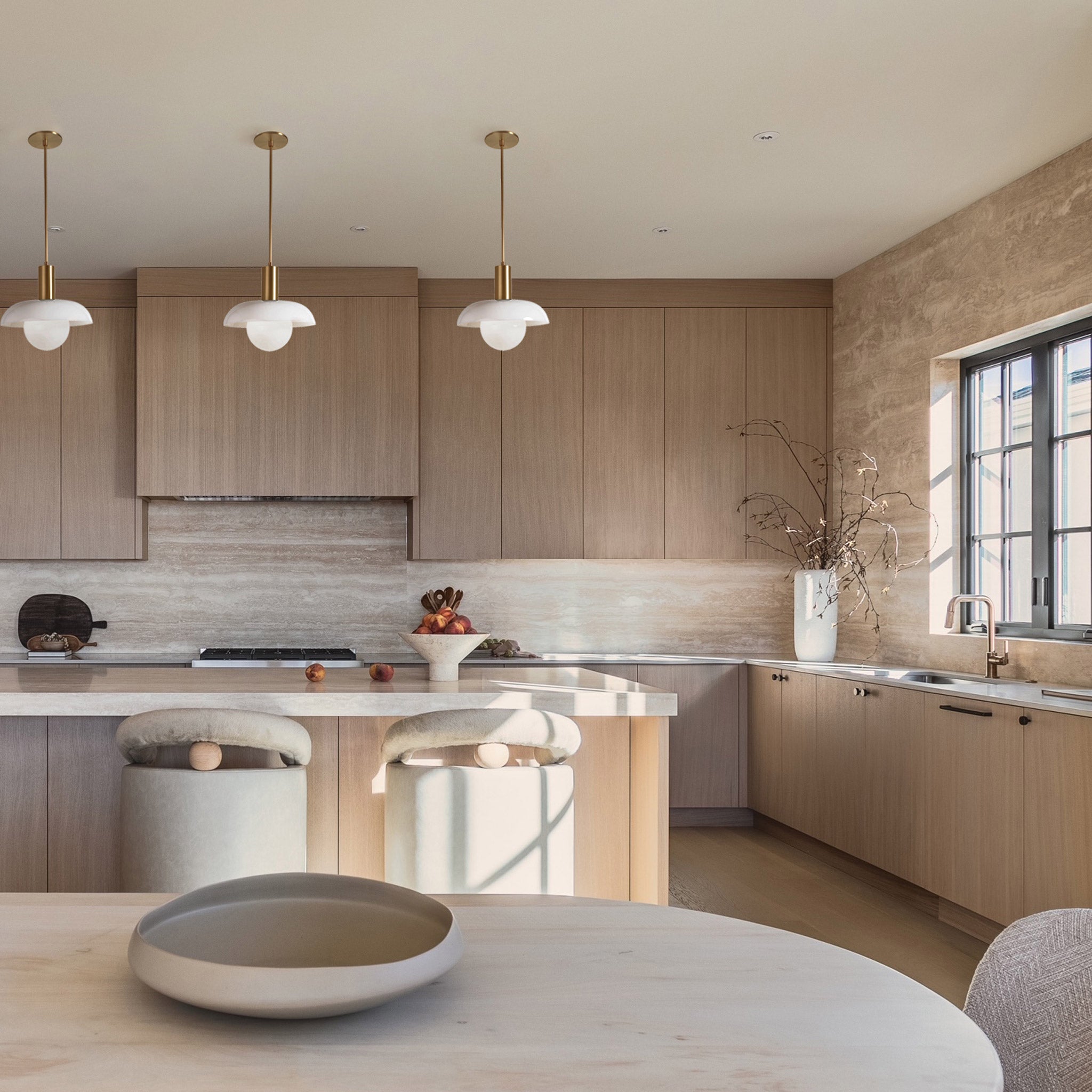 Glass Lexi Large Pendant in Heirloom Brass. Interior Design by Tomlenovich