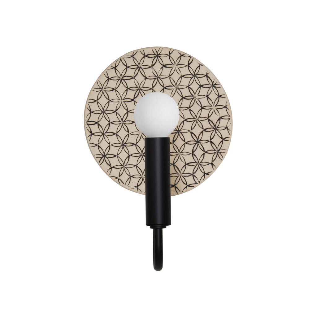Edith ADA Sconce shown in Matte Black with a Black and Cream Quilted ceramic backplate.