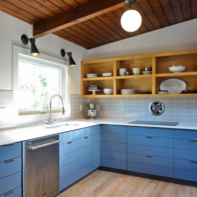 Alto Surface 10" for Vaulted Ceiling shown in Graphite Patina with an Opal 10" Globe. Design and photo by Blake Burton Photography