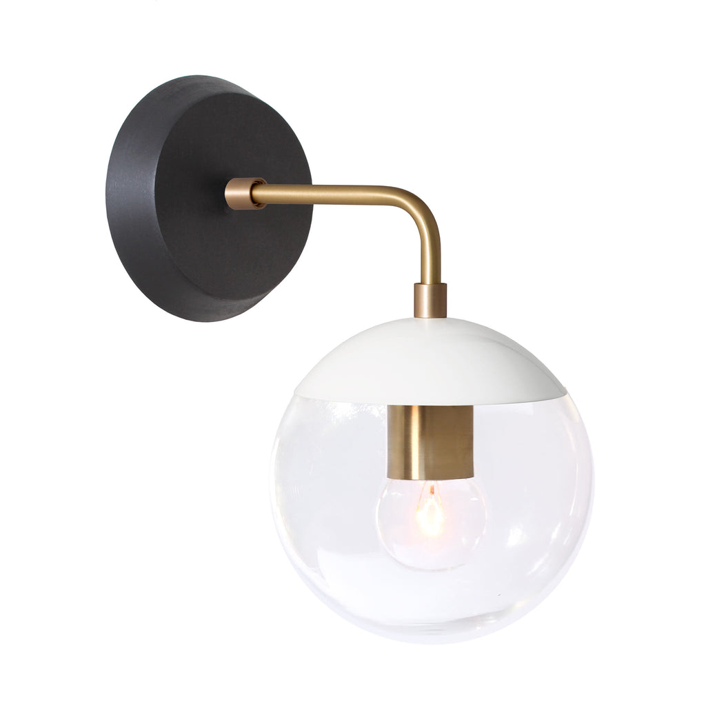 Alto Sconce 6" with Wood Canopy shown in White with Brass and Black Stained wood finish canopy with a Clear 6" globe.