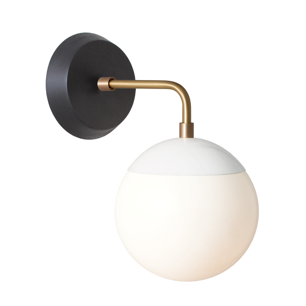 Alto Sconce 6" with Wood Canopy shown in White with Brass and Black Stained wood finish canopy with an Opal 6" globe.