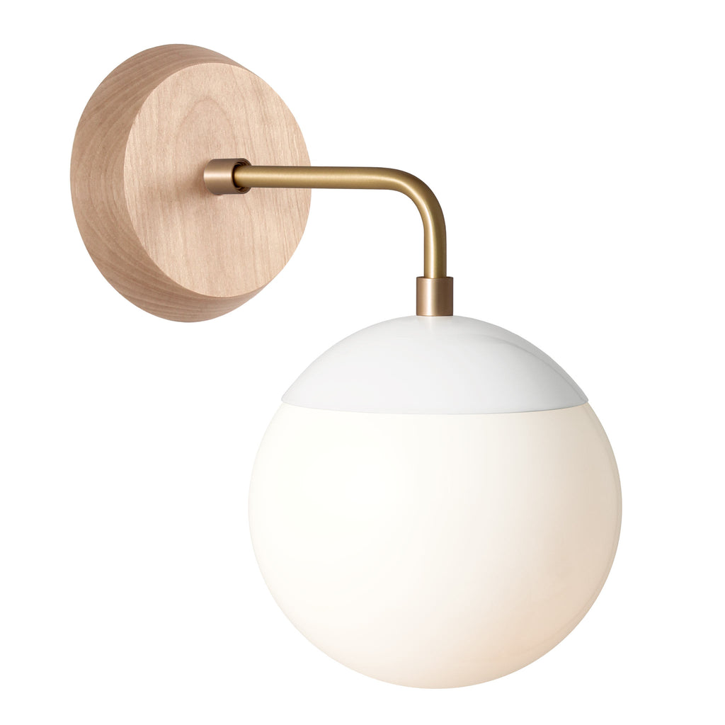 Alto Sconce 6" with Wood Canopy shown in White with Brass and Maple canopy with an Opal 6" globe.