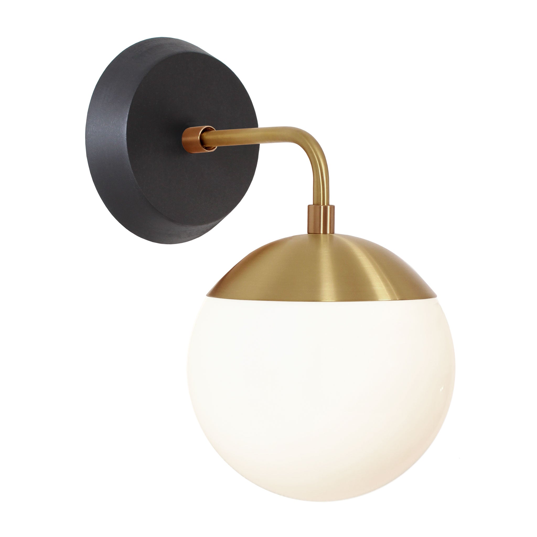 Alto Sconce 6" with Wood Canopy shown in Brass and Black Stained wood finish canopy with an Opal 6" globe