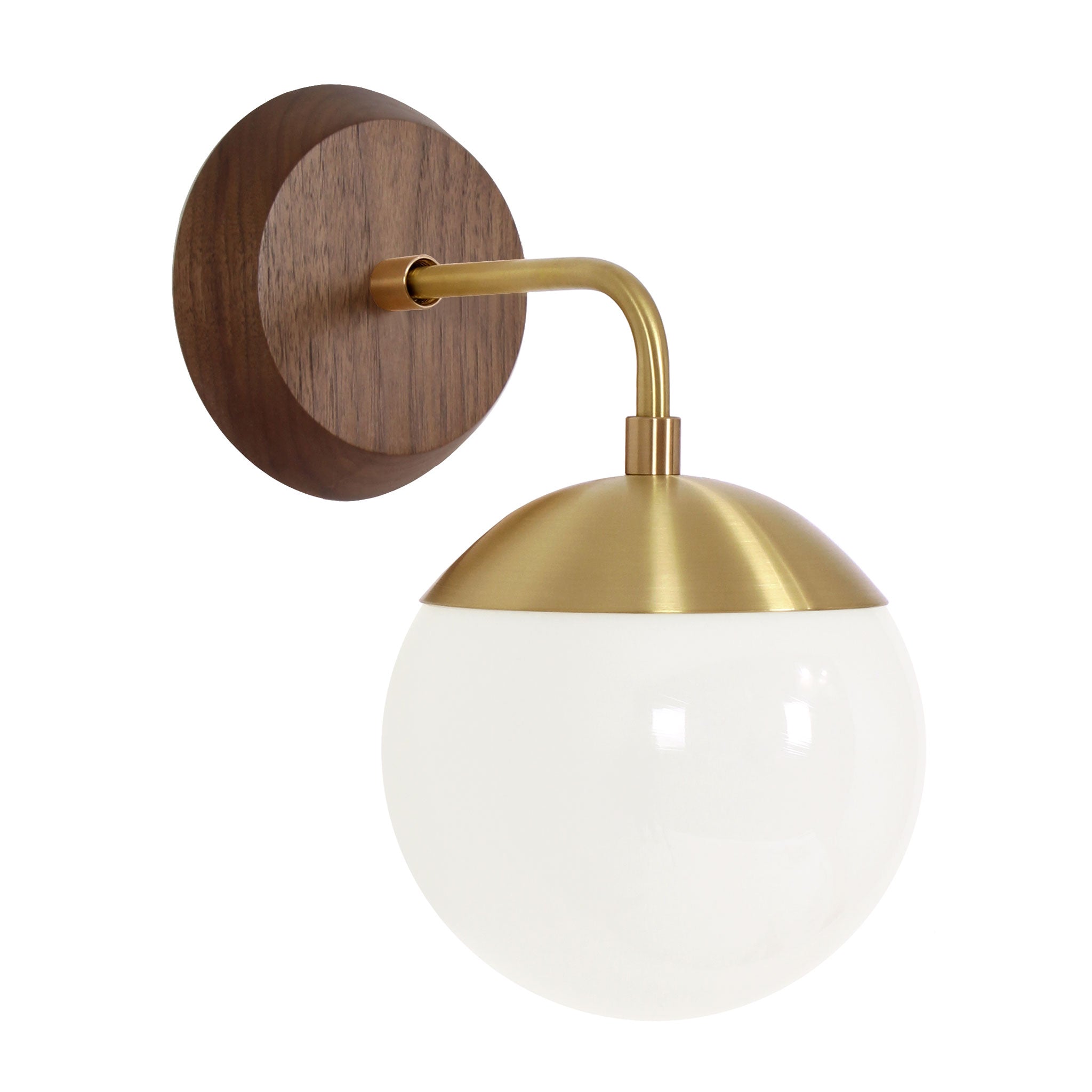 Alto Sconce 6" with Wood Canopy shown in Brass and Walnut canopy with an Opal 6" globe