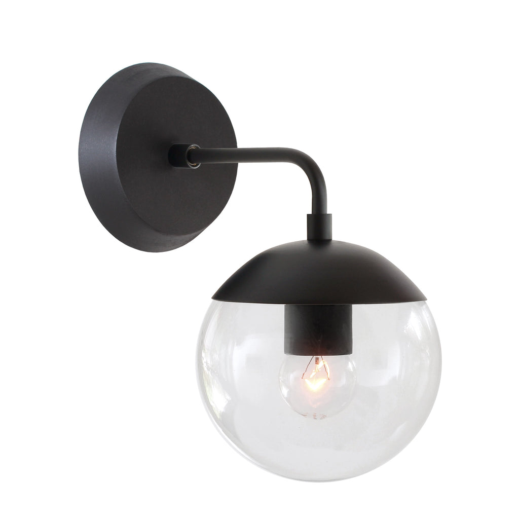 Alto Sconce 6" with Wood Canopy shown in Matte Black and Black Stained wood finish canopy with a Clear 6" globe.