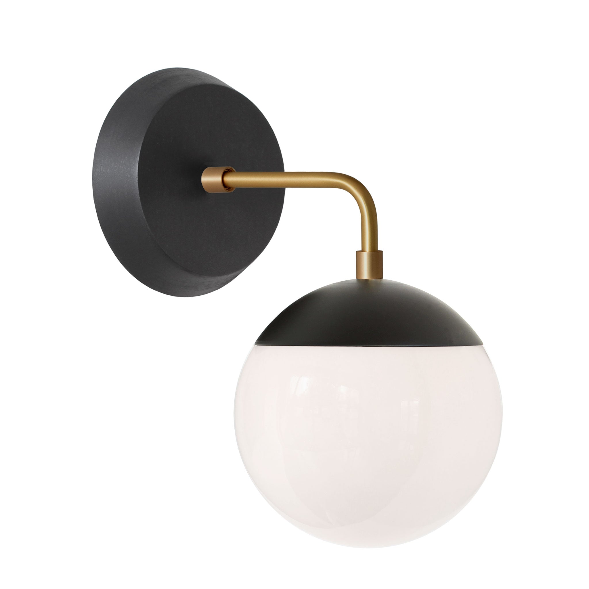 Alto Sconce 6" with Wood Canopy shown in Matte Black with Brass and Black Stained wood finish canopy with an Opal 6" globe