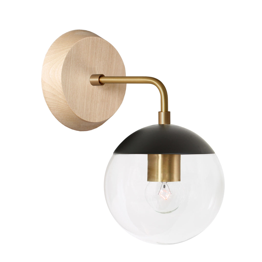 Alto Sconce 6" with Wood Canopy shown in Matte Black with Brass and Maple canopy with a Clear 6" globe.