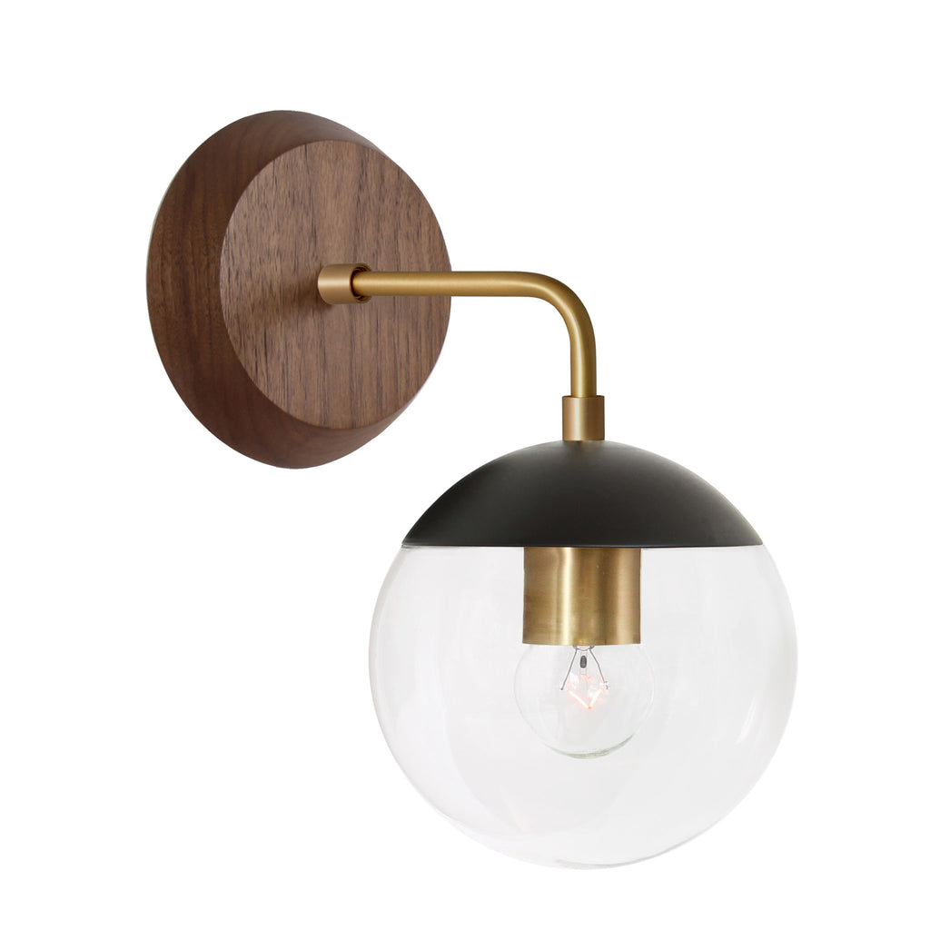Alto Sconce 6" with Wood Canopy shown in Matte Black with Brass and Walnut canopy with a Clear 6" globe.