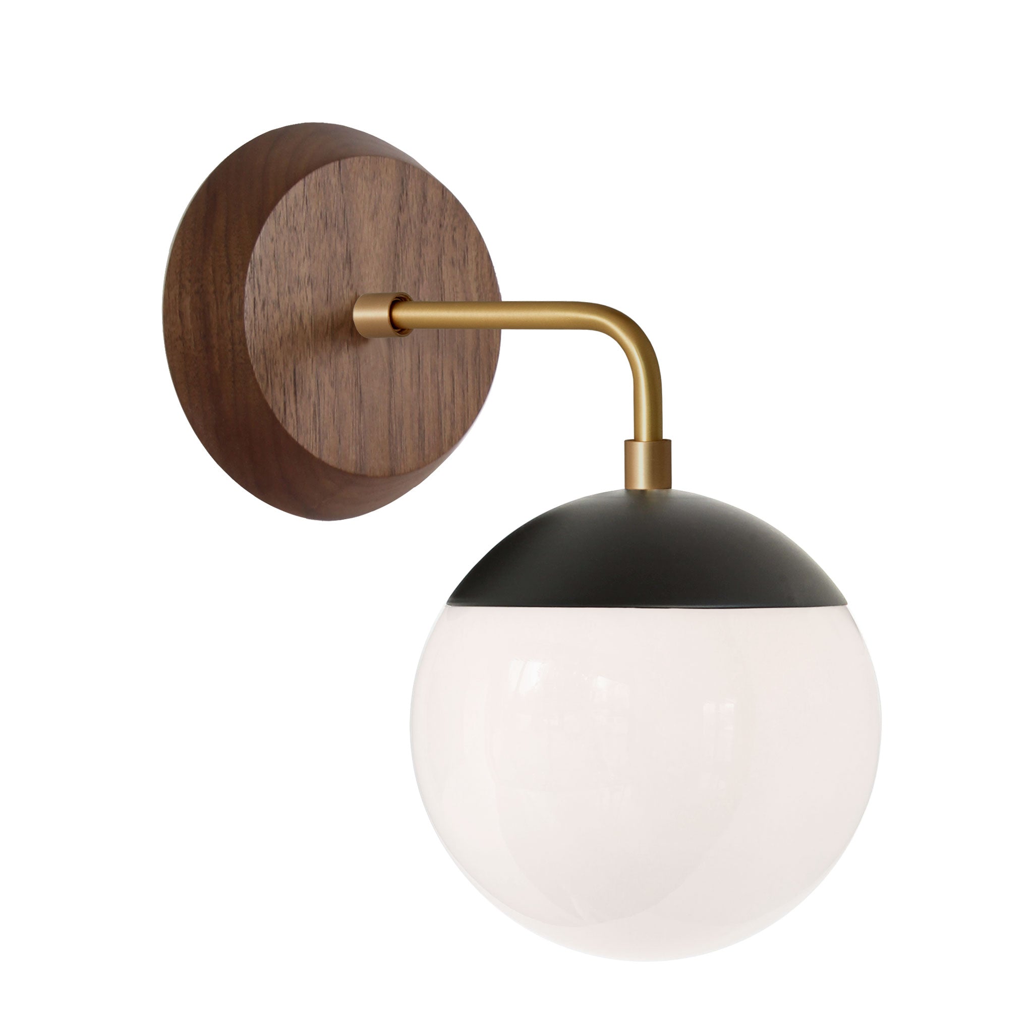 Alto Sconce 6" with Wood Canopy shown in Matte Black with Brass and Walnut canopy with an Opal 6" globe