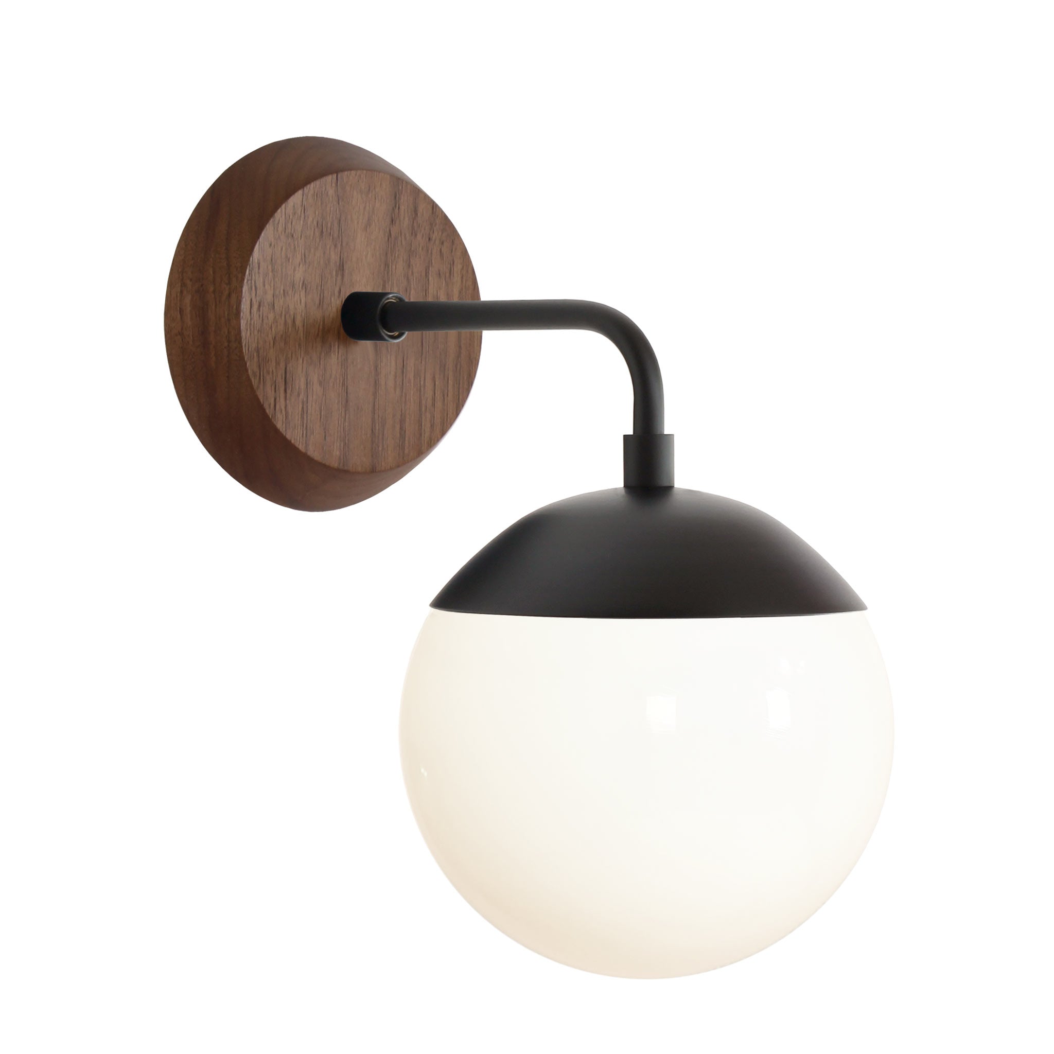 Alto Sconce 6" with Wood Canopy shown in Matte Black and Walnut canopy with an Opal 6" globe