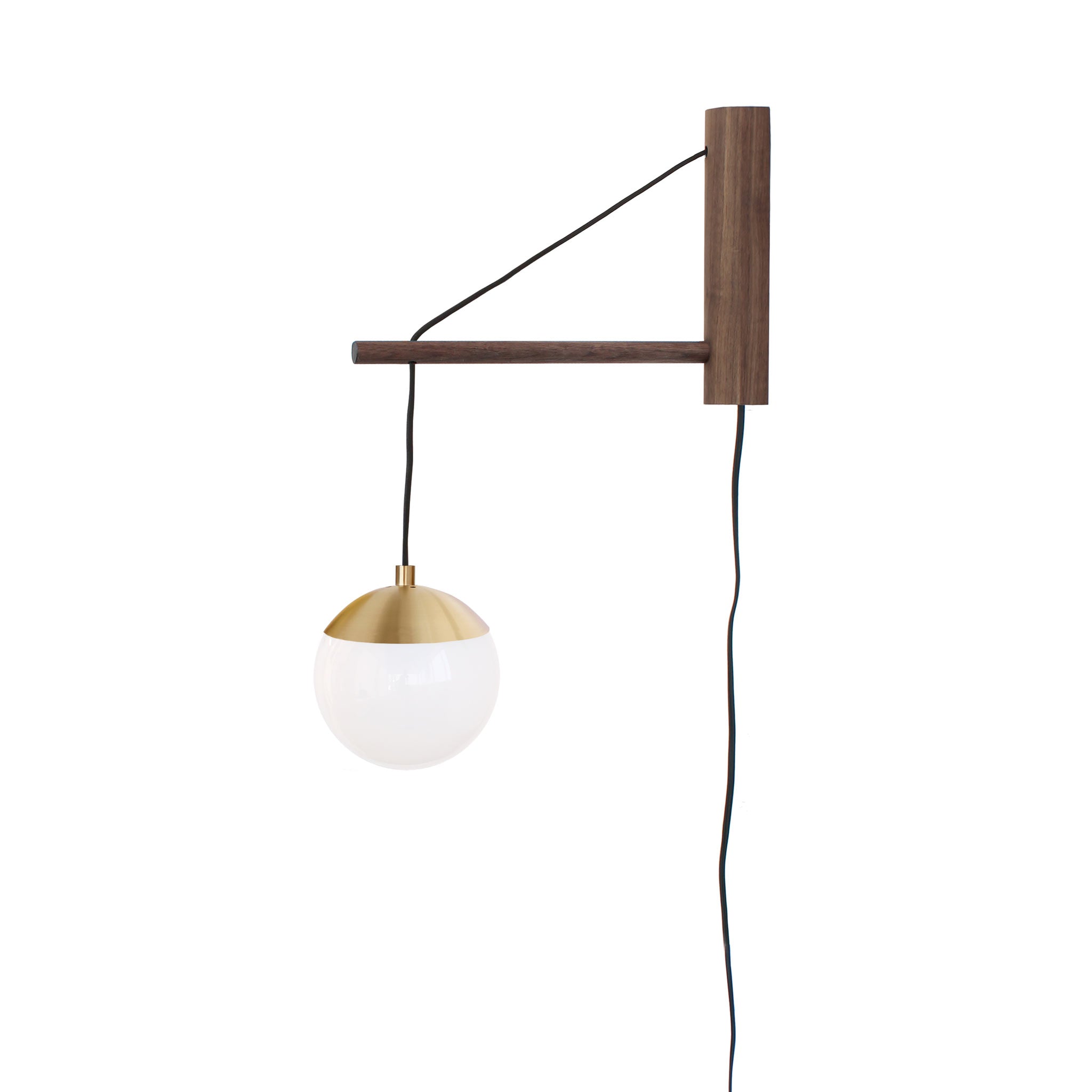 Alto 14" Wood Arm Sconce shown in Brass with Walnut, a 6" Opal globe, and a Black Plug-in Cord