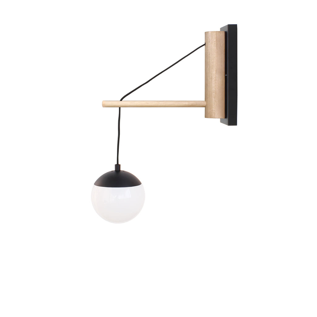 Alto 14" Wood Arm Sconce shown in Matte Black with Birch, a 6" Opal globe, and a Black Hardwired Cord.