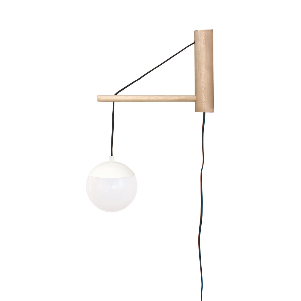 Alto 14" Wood Arm Sconce shown in White with Birch, a 6" Opal globe, and a Black Plug-in Cord.