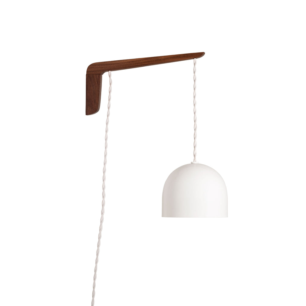 Swing Arm Amélie 6" shown in Walnut with White twisted cord and White metal finish.
