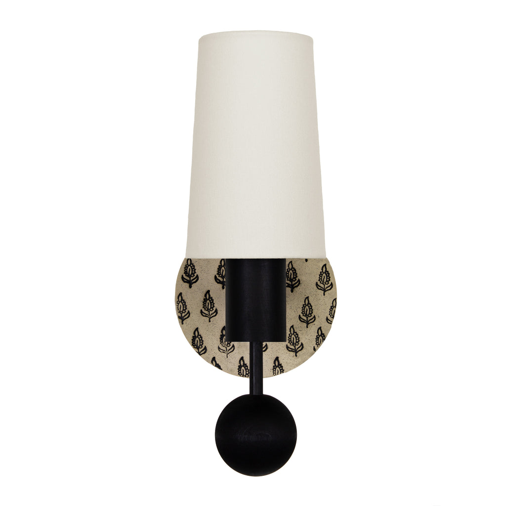 Amherst (Black Stained) Sconce with Black and Cream Floral Ceramic Backplate.