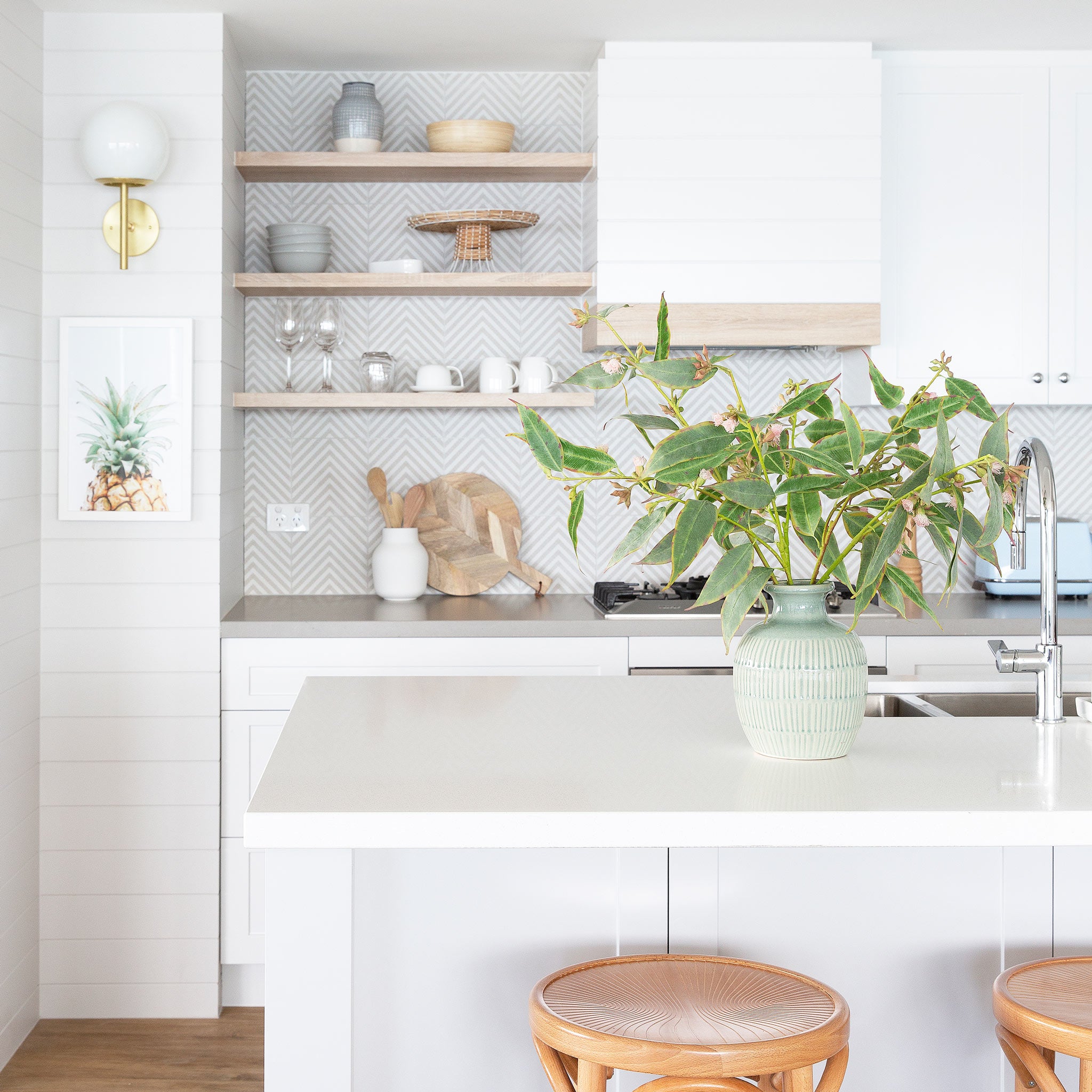 Athena 8" shown in Brass with an Opal 8" globe. Interior Design by Donna Guyler Design. Photo by Louise Roche