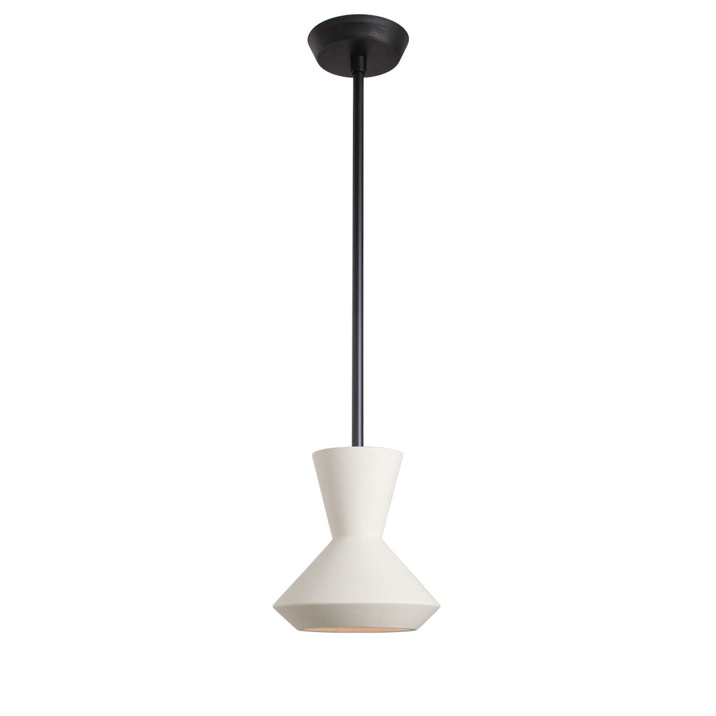 Bobbie Rod Pendant for Vaulted Ceiling shown in Natural White Glaze Ceramic with a Matte Black Metal finish and a Black Stained Wood  finish canopy.