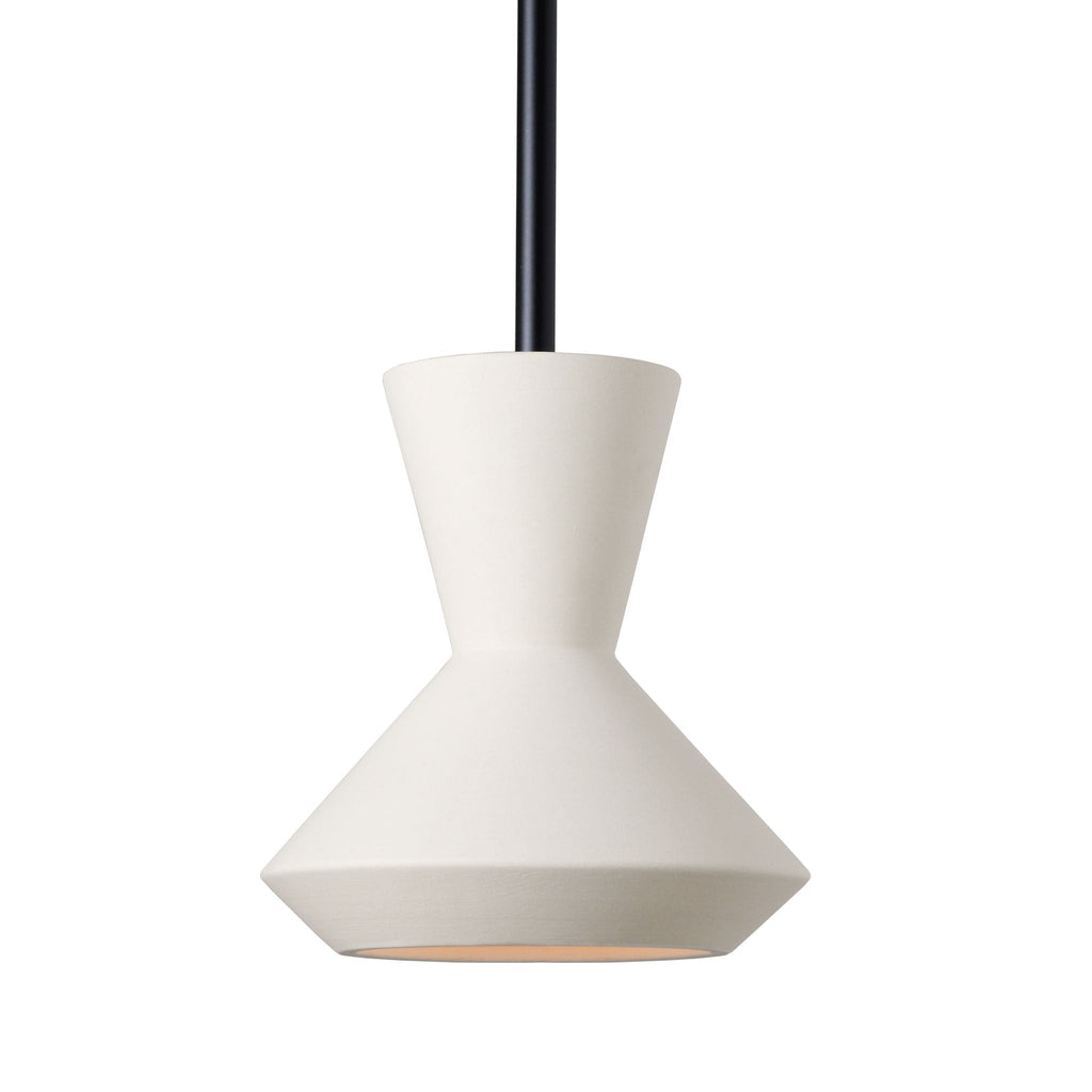 Bobbie Rod Pendant for Vaulted Ceiling shown in Natural White Glaze Ceramic with a Matte Black Metal finish.