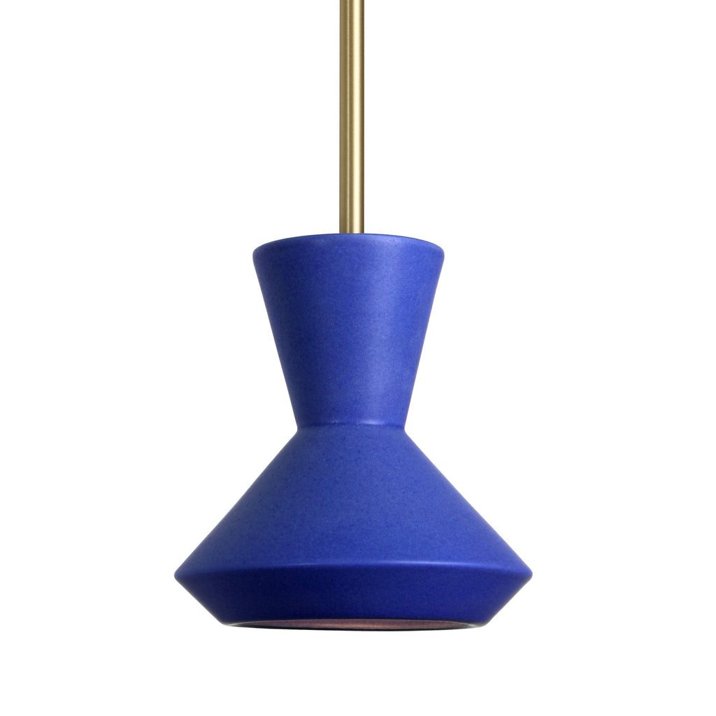 Bobbie Rod Pendant for Vaulted Ceiling shown in Cobalt Blue Glaze Ceramic with a Brass Metal finish.