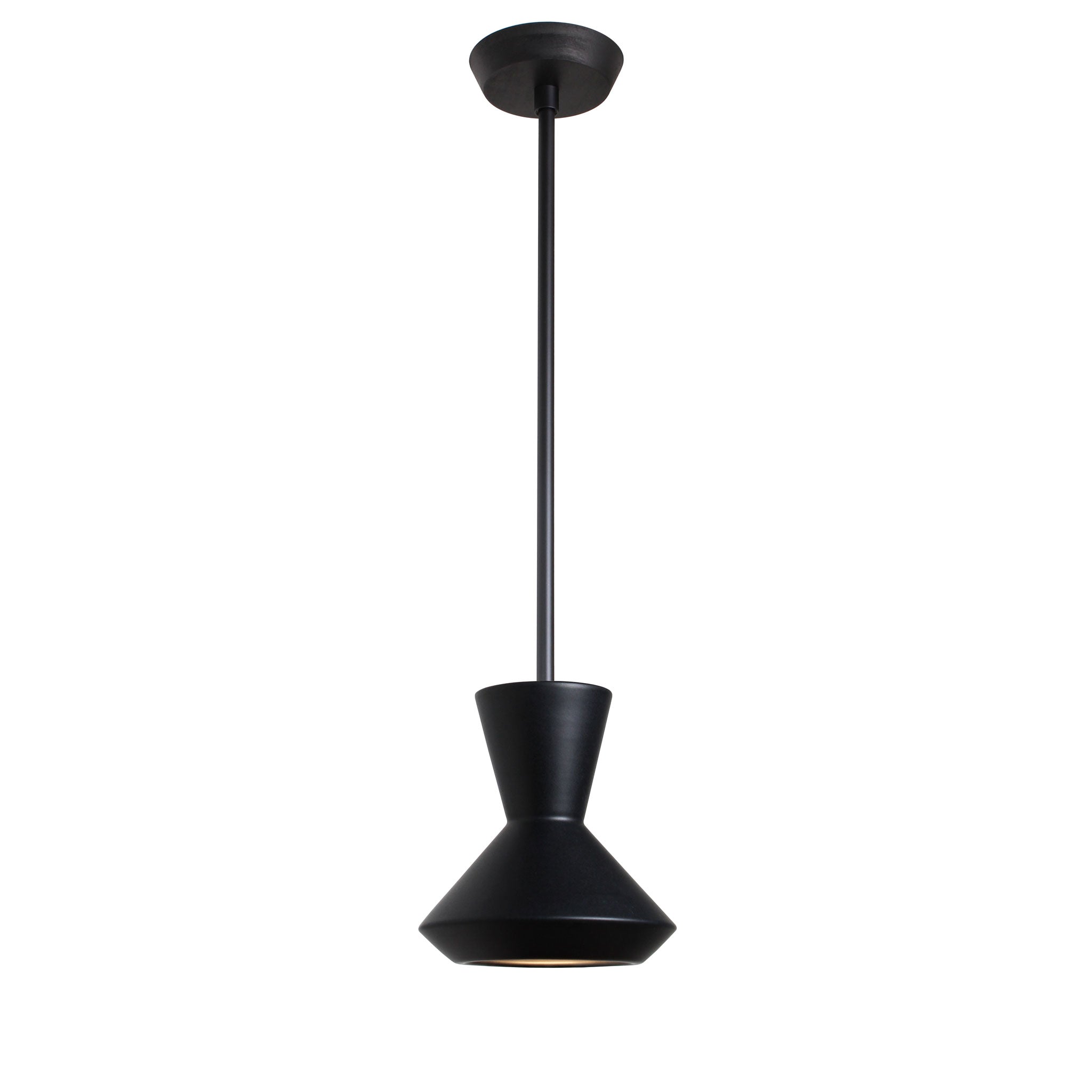 Bobbie Rod Pendant shown in Eclipse Black Glaze Ceramic with a Matte Black Metal finish and a Black Stained Wood finish canopy