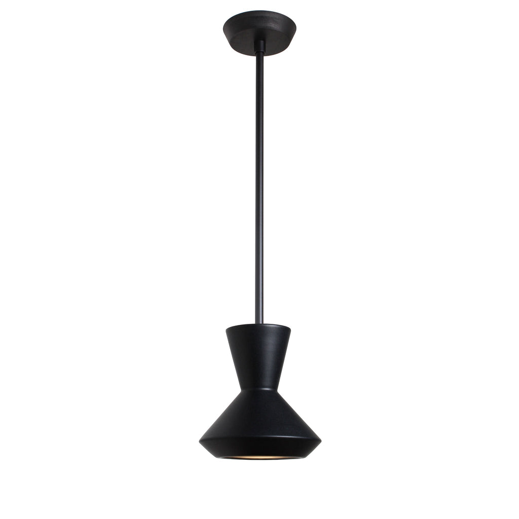 Bobbie Rod Pendant for Vaulted Ceiling shown in Eclipse Black Glaze Ceramic with a Matte Black Metal  finish and a Black Stained Wood finish canopy.