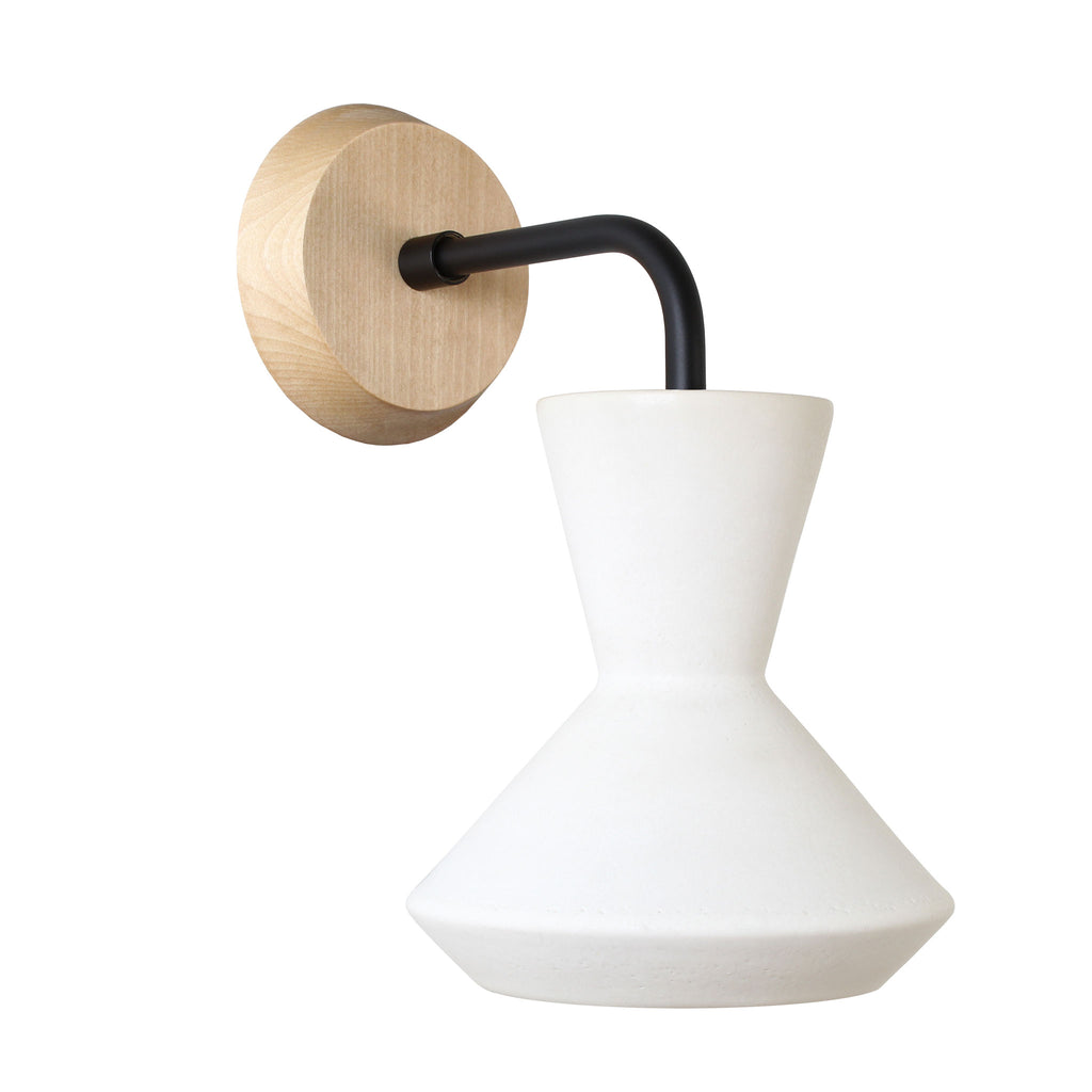 Bobbie Sconce shown in Natural White Glaze with Matte Black Metal and Maple Canopy.