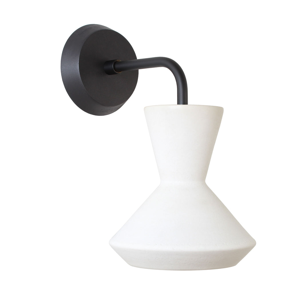 Bobbie Sconce shown in Natural White Glaze with Matte Black Metal and Black Stained wood finish Canopy.