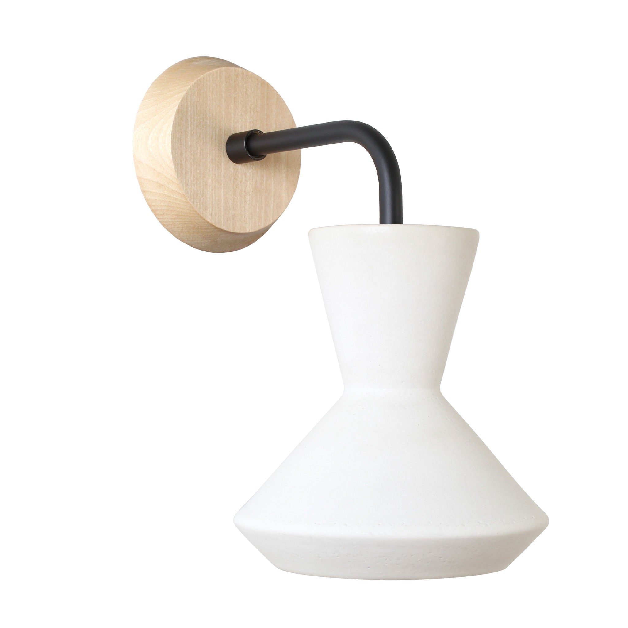 Bobbie Sconce shown in Natural White Glaze Ceramic with Matte Black and a Maple canopy