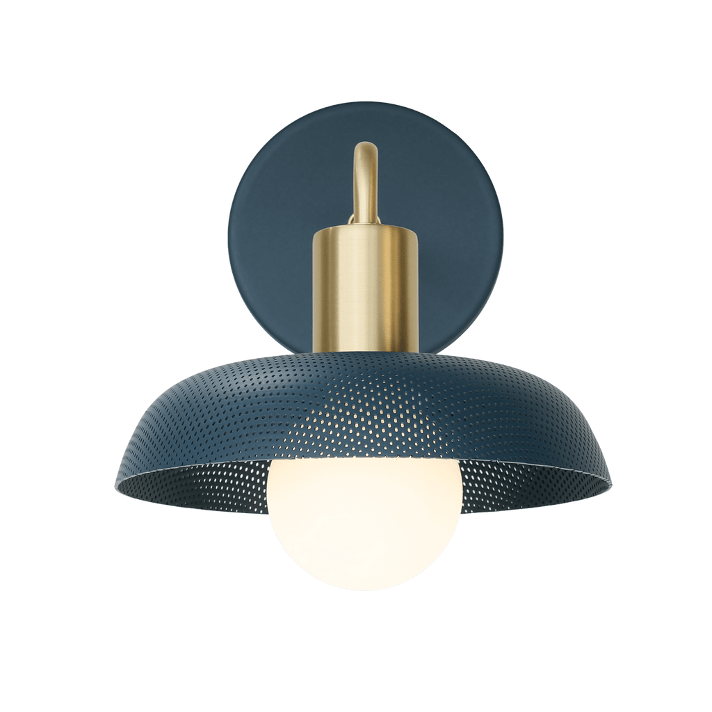 Sally Sconce shown with a Perforated Shade in Ocean Blue and Brass accents.  