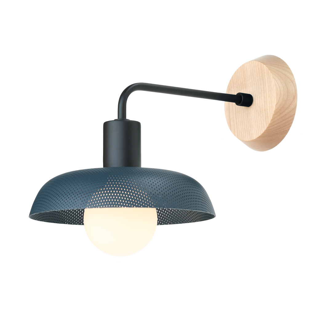 Sally Sconce with Wood Canopy shown in Ocean Blue with Matte Black fixture finish and Maple canopy.