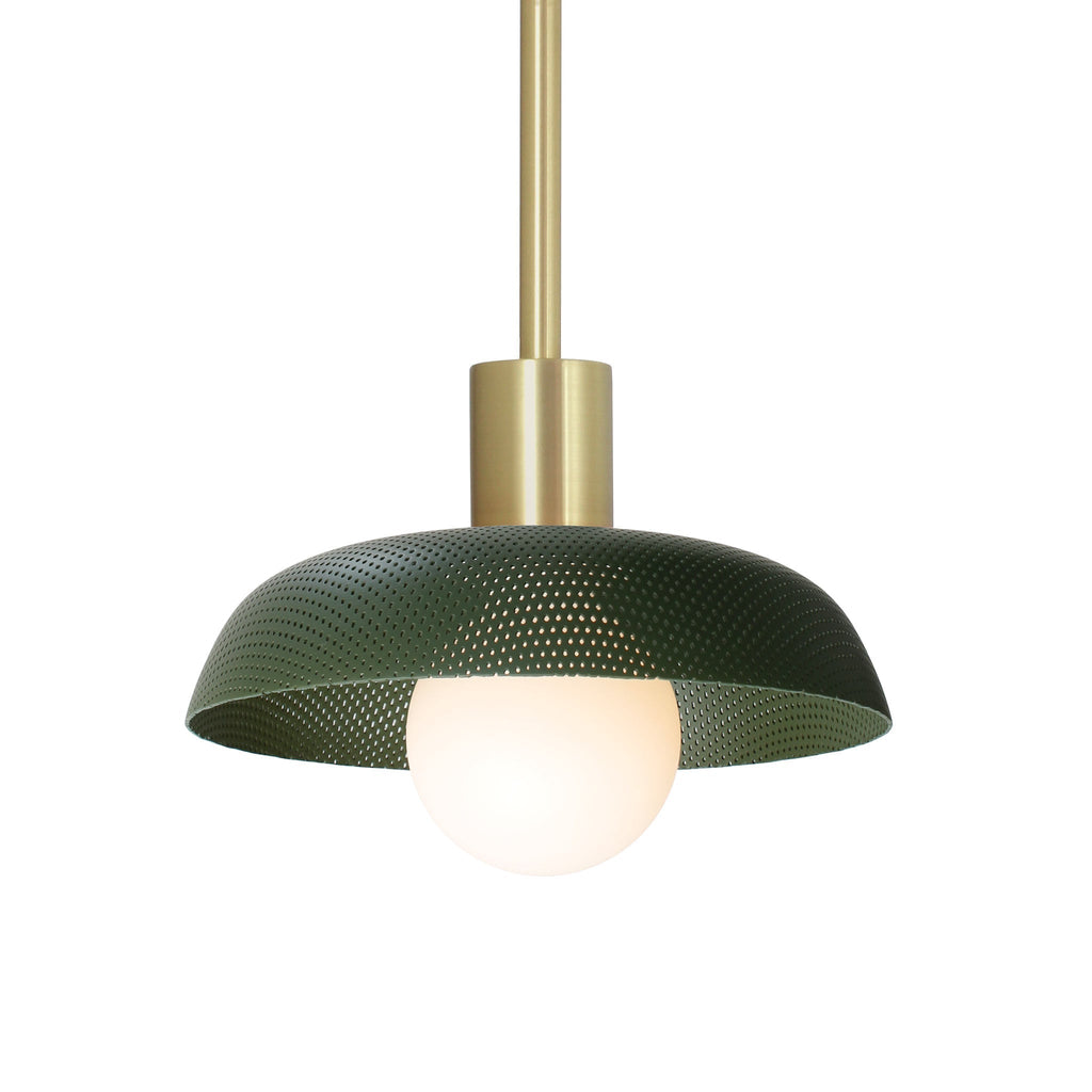 Sally Pendant for Vaulted Ceiling shown with a Secret Garden Green perforated shade and Brass fixture finish.