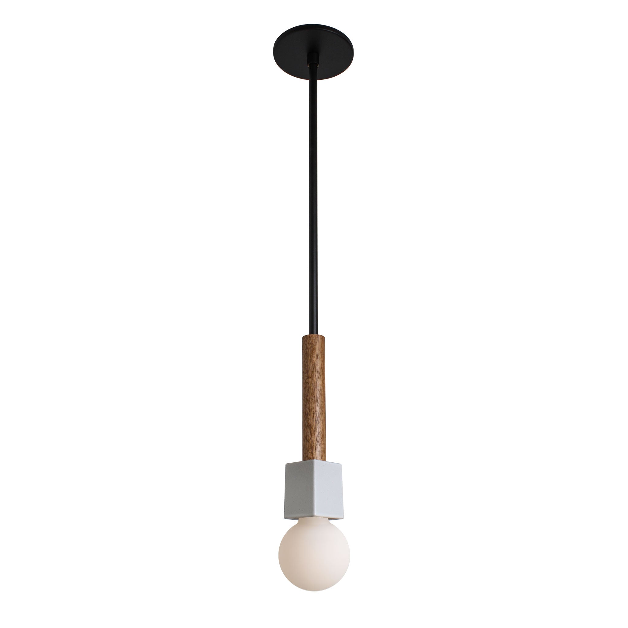 Seneca Pendant shown in Walnut with Matte Black metal canopy
