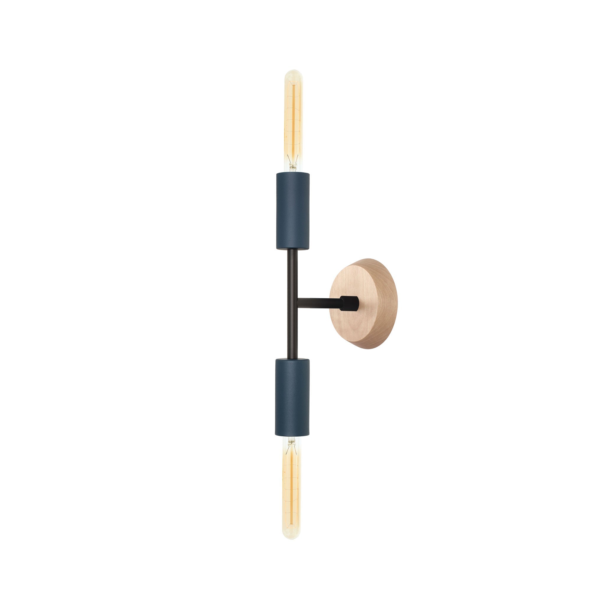 Venus Mini Sconce. Shown in Ocean Blue + Matte Black finish with Maple wood canopy addition. (T9 light bulbs shown, not included). Cedar and Moss