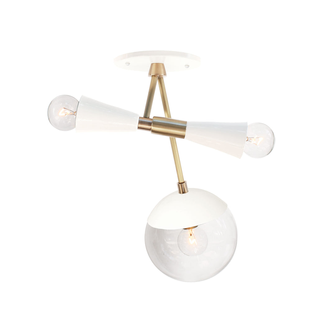 Voyage shown in White with Brass and Clear glass shades.