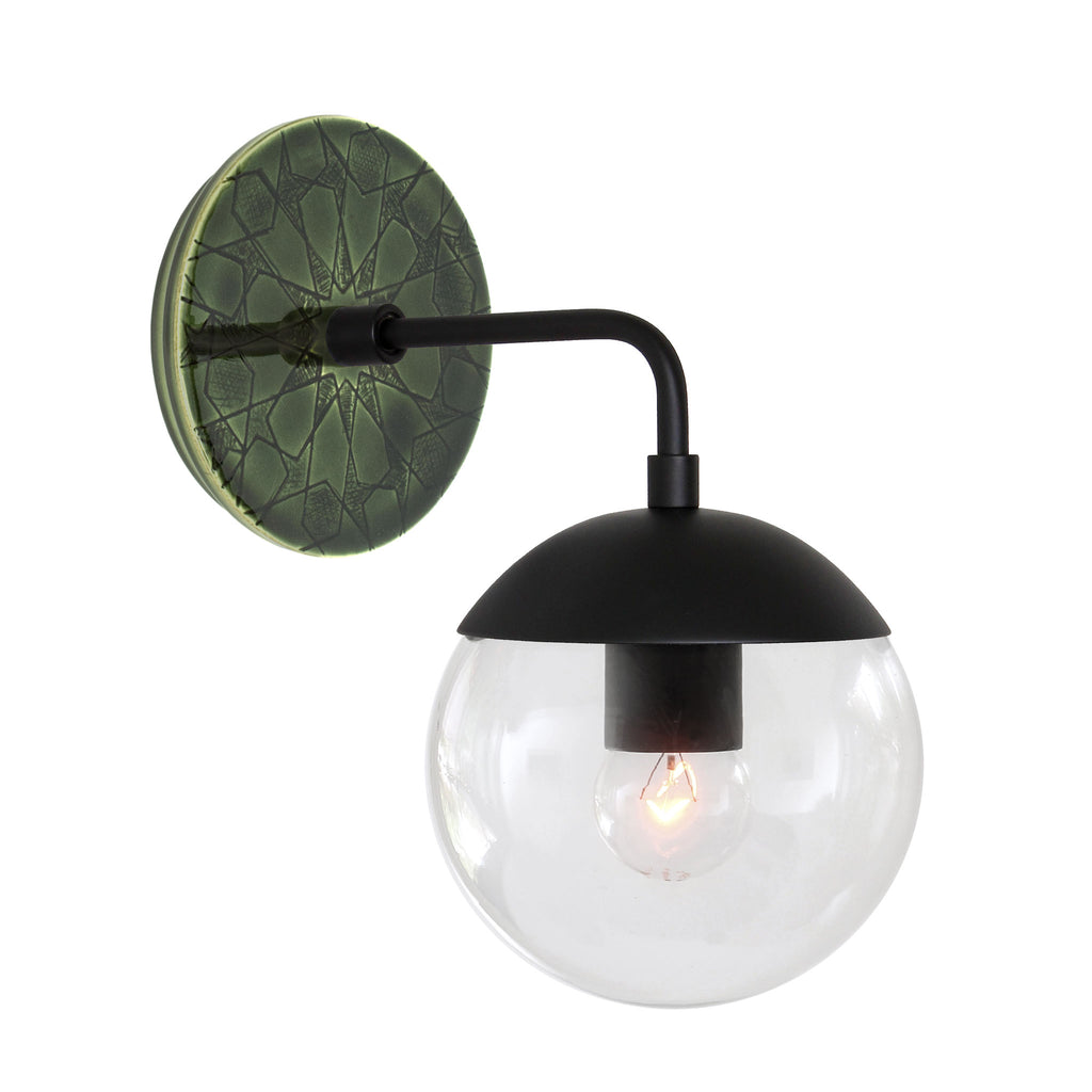 Alto Sconce 6" with Ceramic Canopy shown in Matte Black with a Forest Green Star Ceramic Canopy Pattern and a Clear 6" globe.