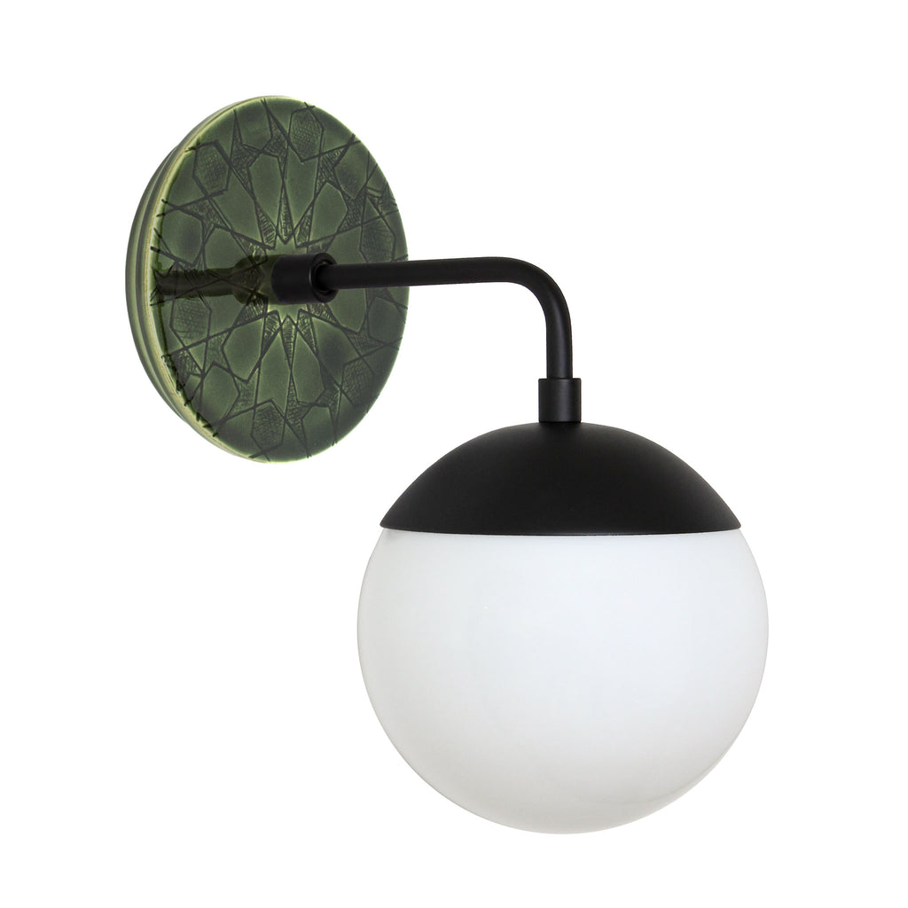 Alto Sconce 6" with Ceramic Canopy shown in Matte Black with a Forest Green Star Ceramic Canopy Pattern and an Opal 6" globe.